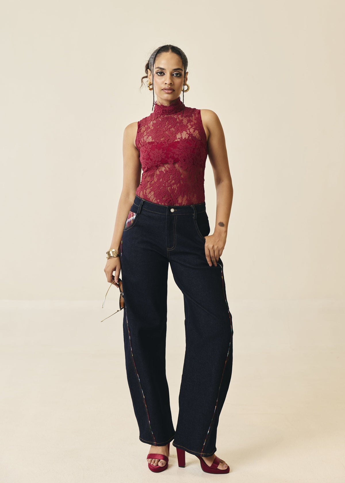 Ravello Plaid-Pocket Barrel Jeans