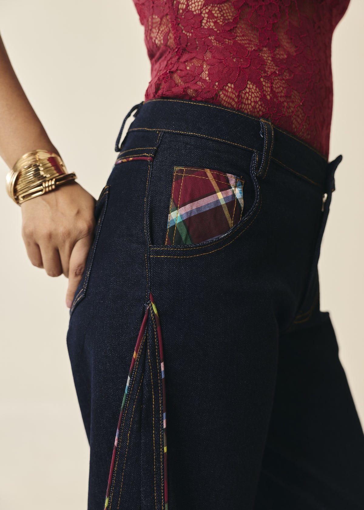 Ravello Plaid-Pocket Barrel Jeans