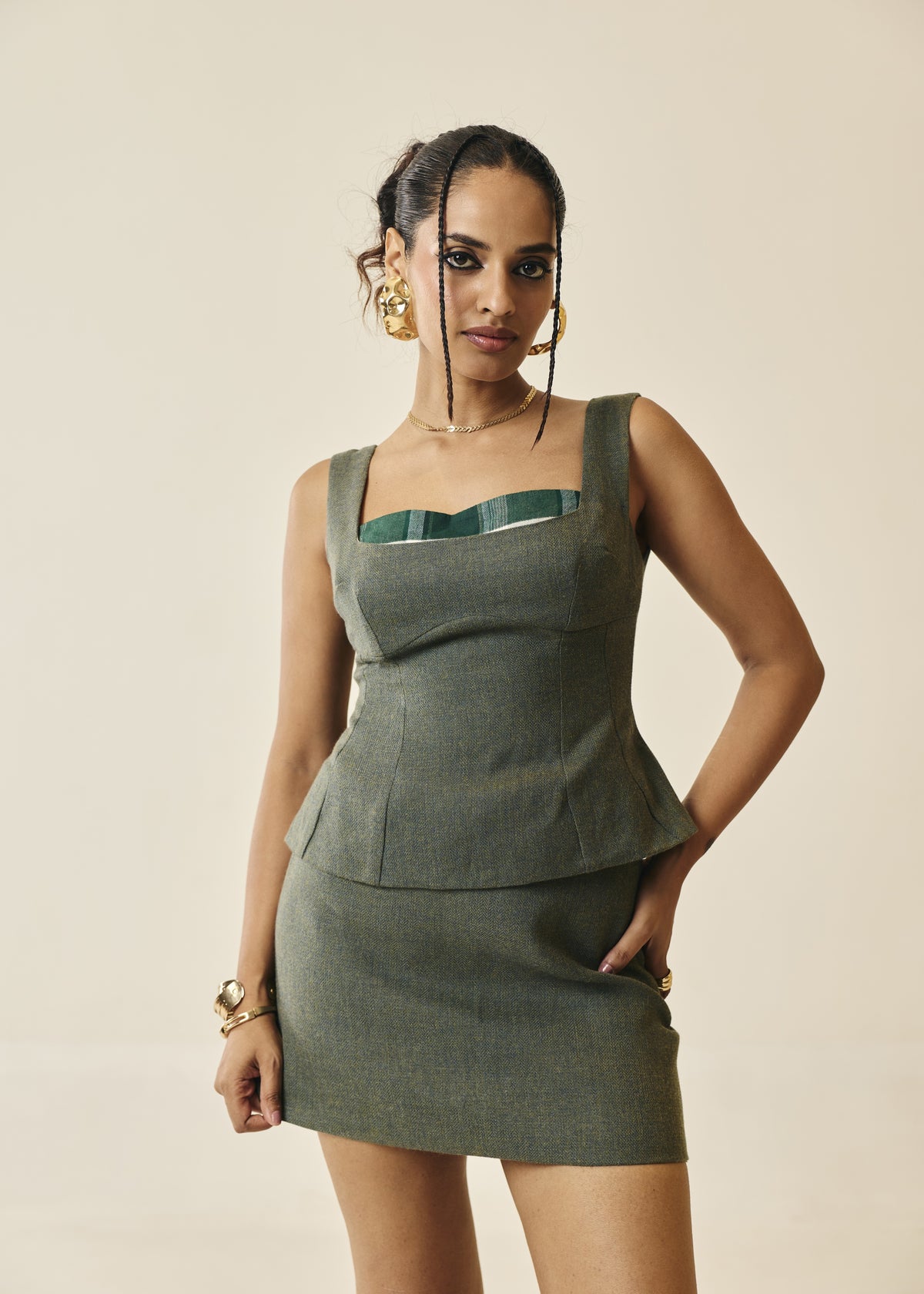 Corvine Olive Herringbone and Plaid Structured Top