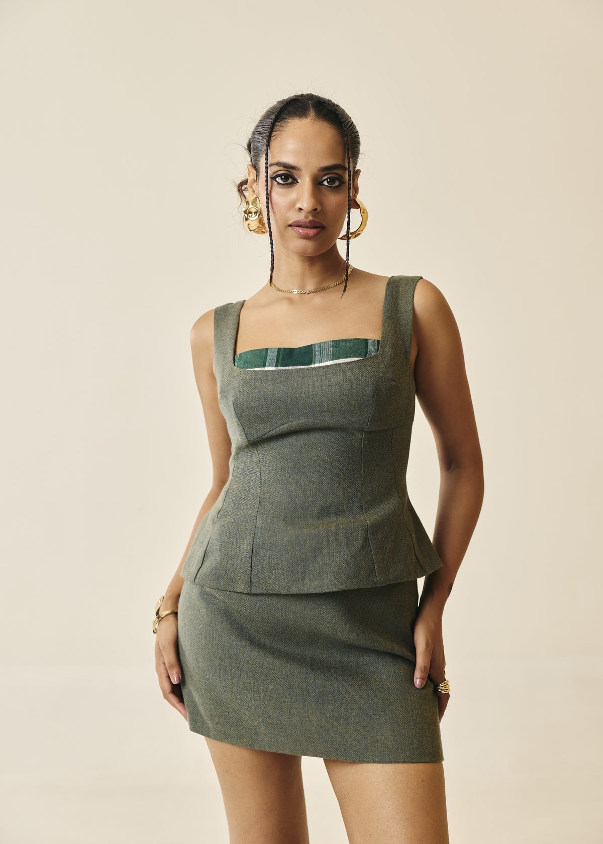 Corvine Olive Herringbone and Plaid Structured Top