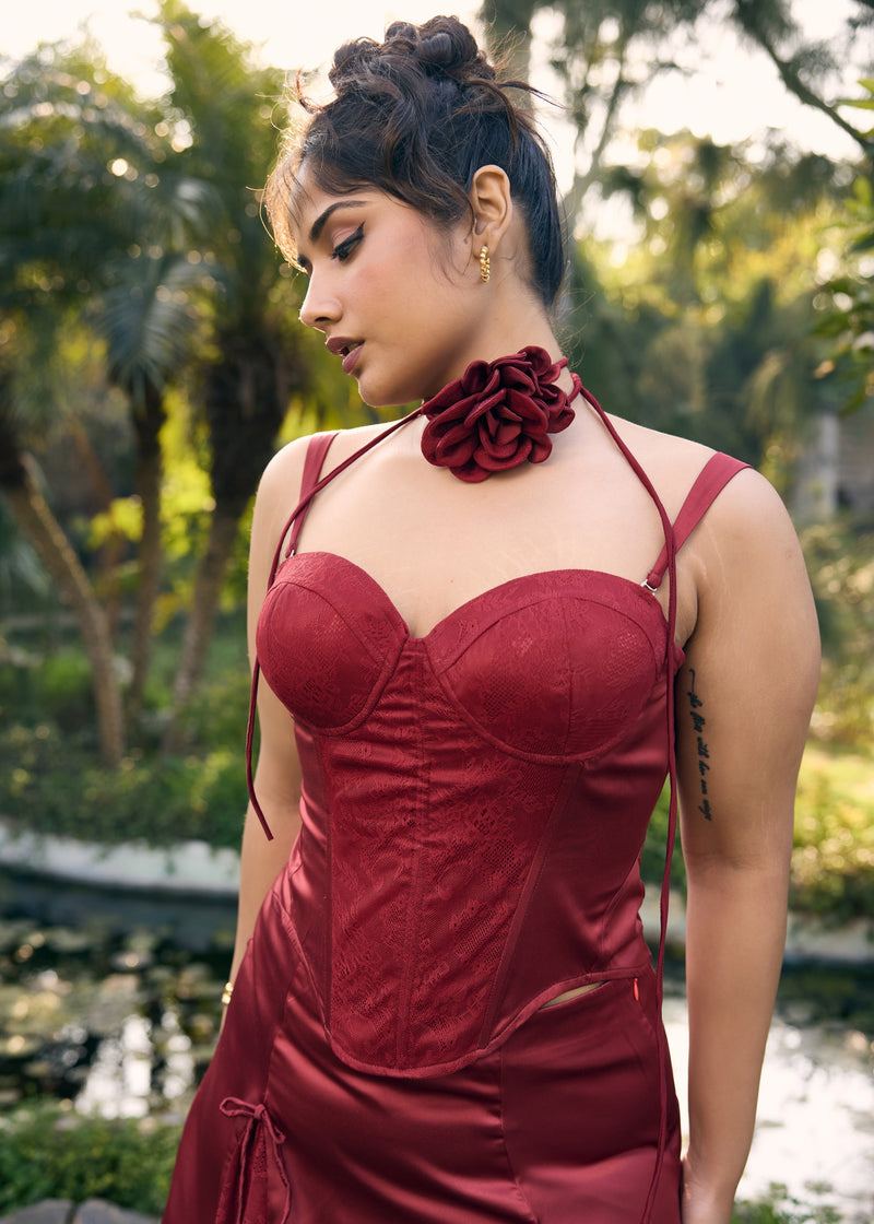 Davina Red Corset with Rose Choker