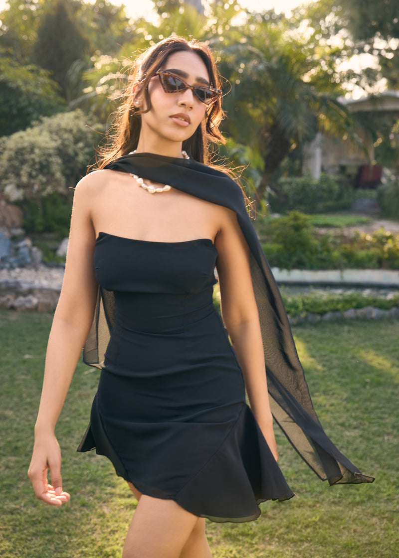 Francine Black Tube Mini Dress with Scarf