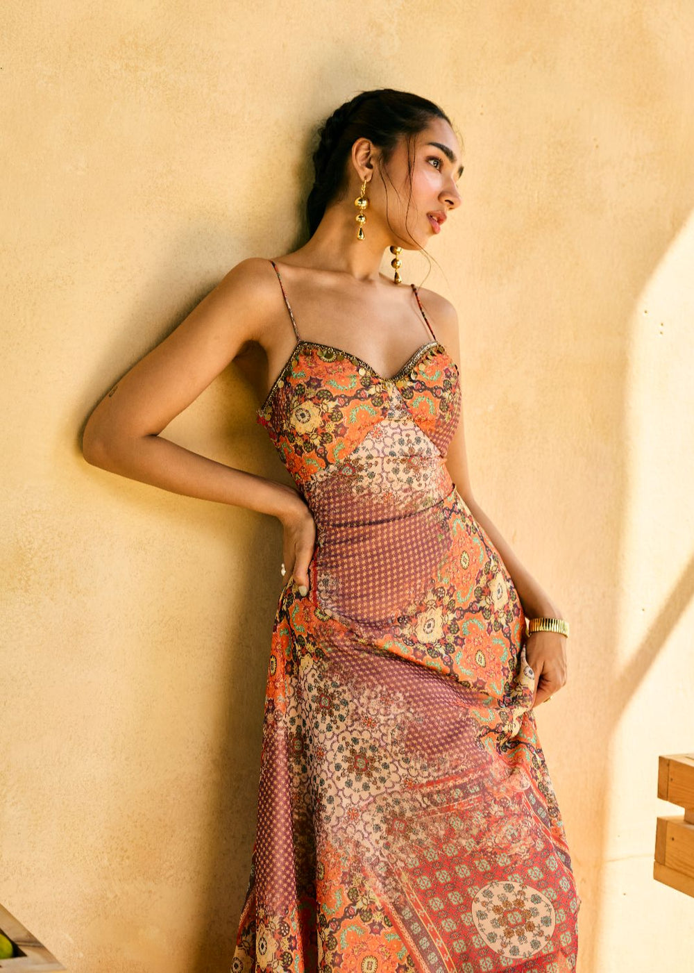 Aamrang Scarf Print Cascade Midi Dress
