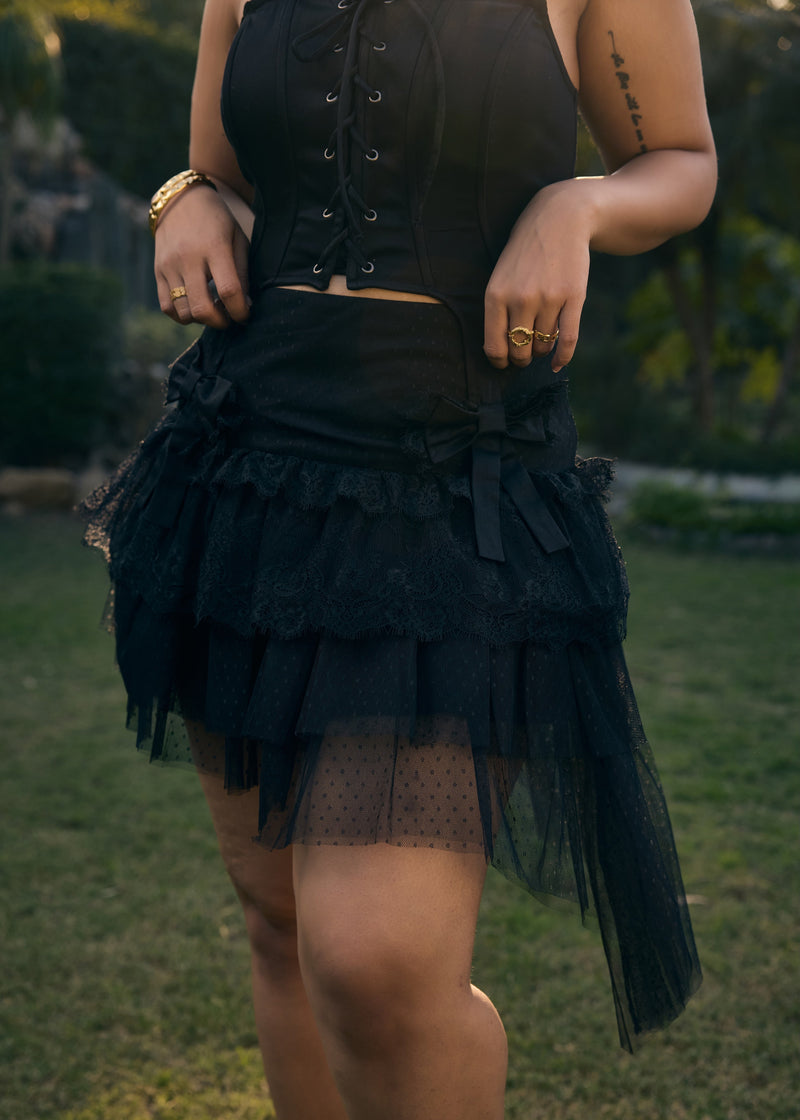 Beverly Black Ruffle Mini Skirt with Bow