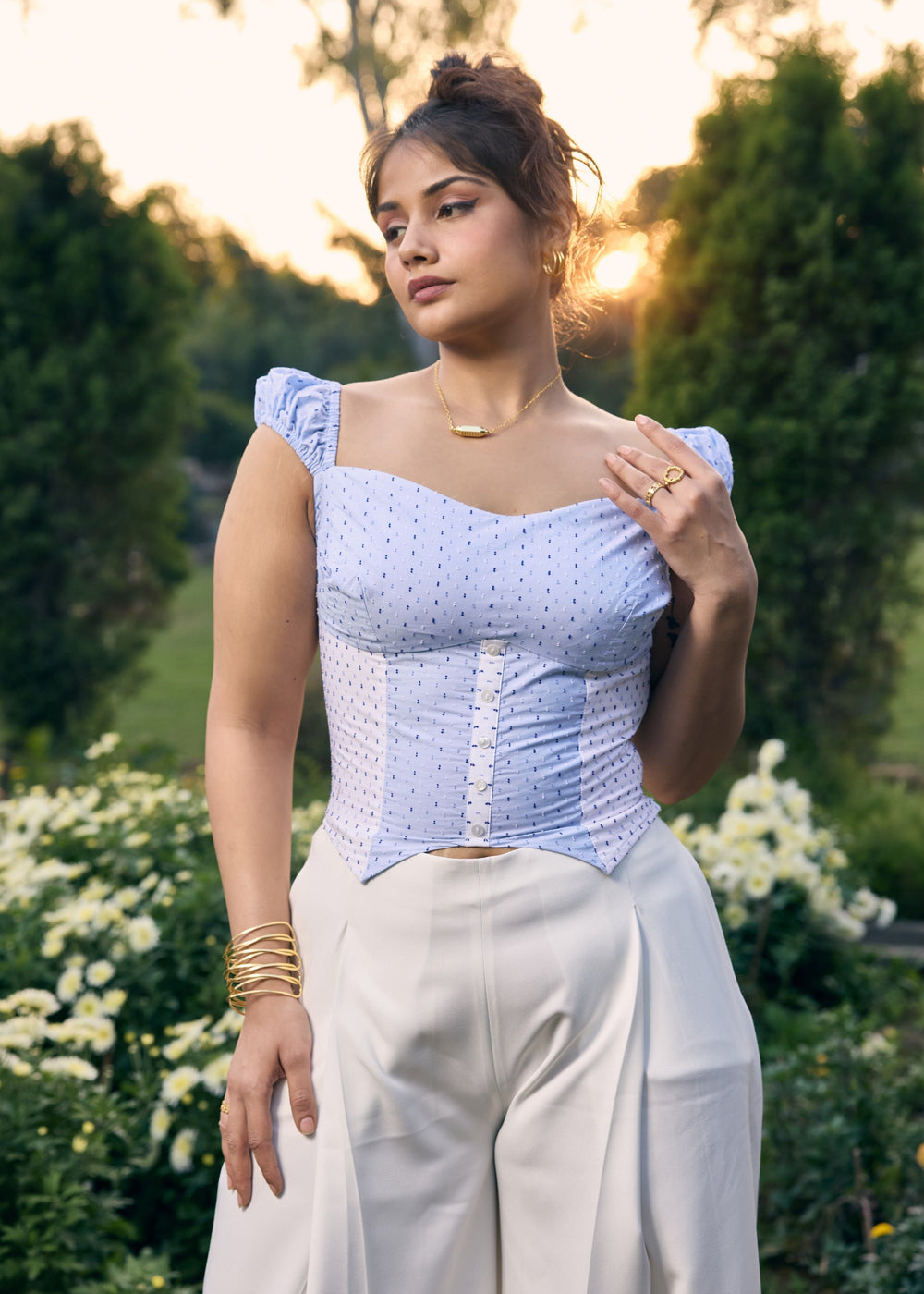 Sherry Blue and White Colorblock Crop Top