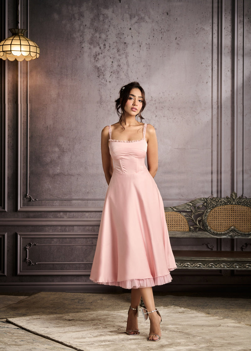 Sybil Baby Pink A-Line Corset Midi Dress Lea Clothing Co. Sybil Baby Pink A-Line Corset Midi Dress Lea Clothing Co.