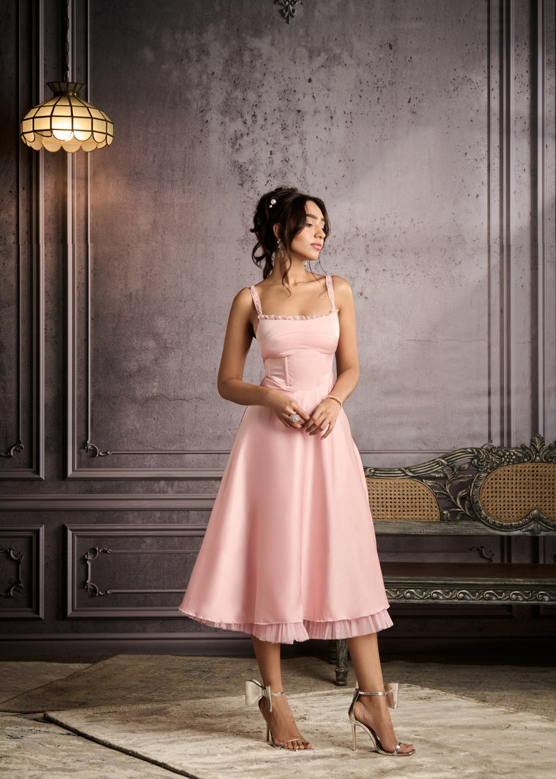 Sybil Baby Pink A-Line Corset Midi Dress