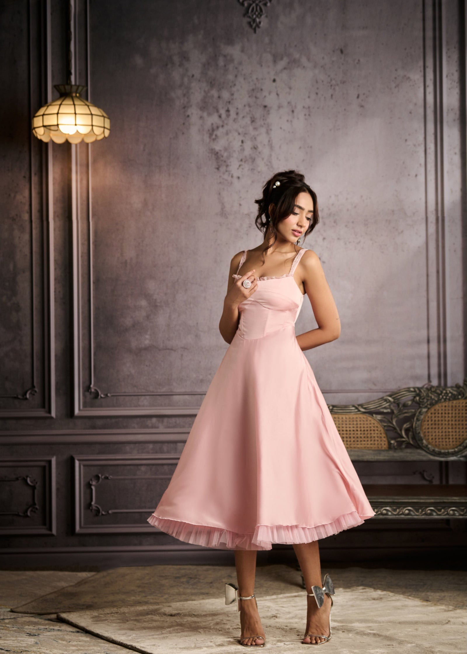 Sybil Baby Pink A-Line Corset Midi Dress – Lea Clothing Co.