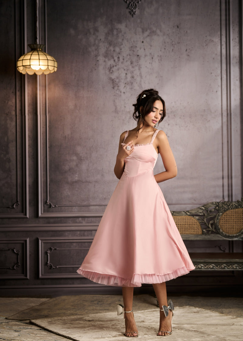 Sybil Baby Pink A-Line Corset Midi Dress