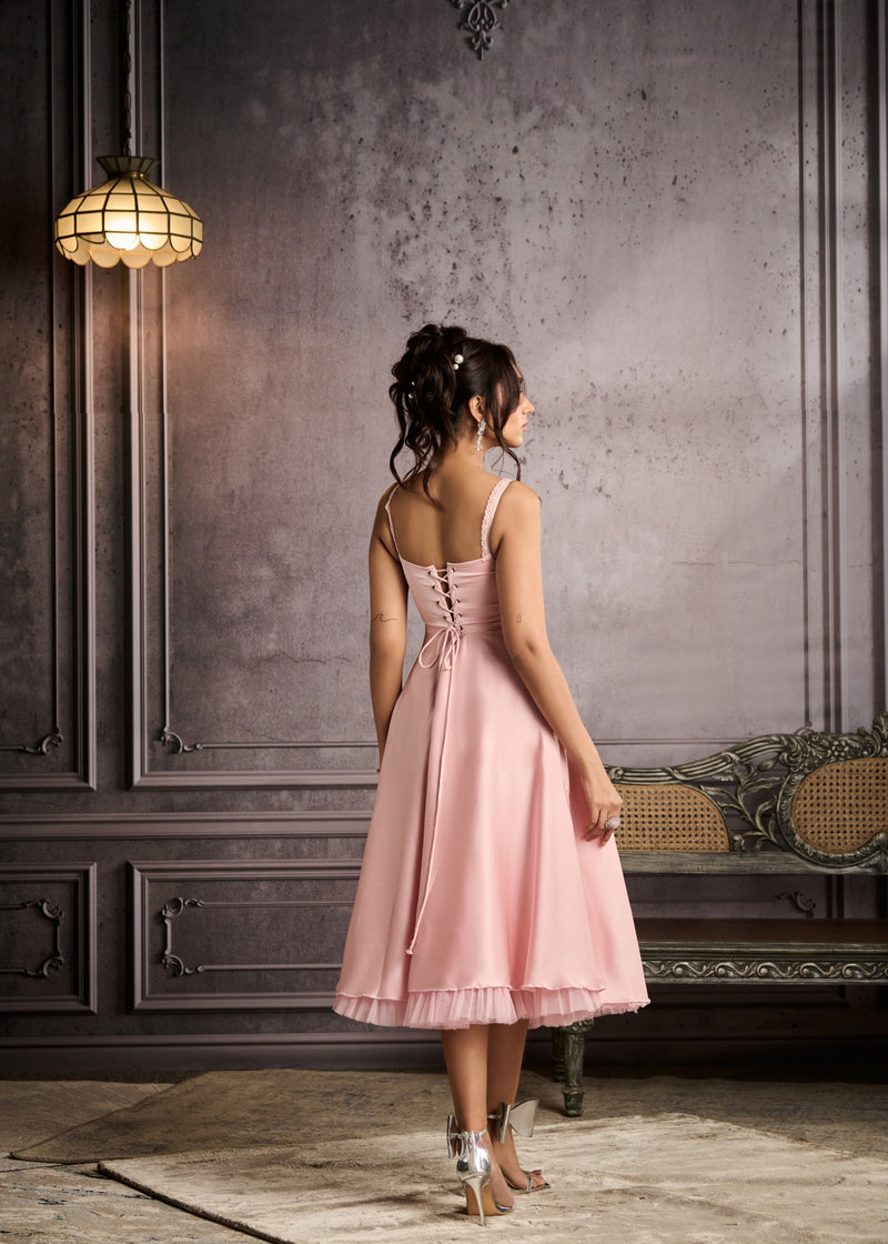 Sybil Baby Pink A-Line Corset Midi Dress