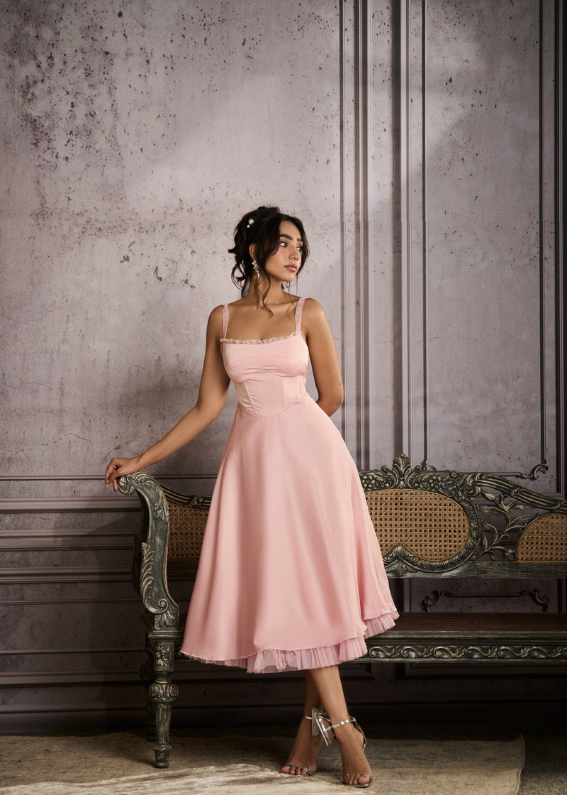 Sybil Baby Pink A-Line Corset Midi Dress