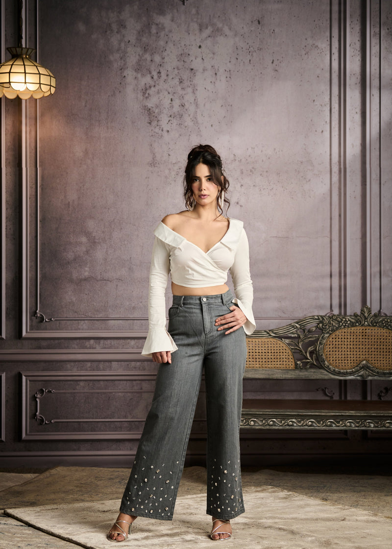 Cosima Grey High-Waisted Rhinestone Embellished Jeans