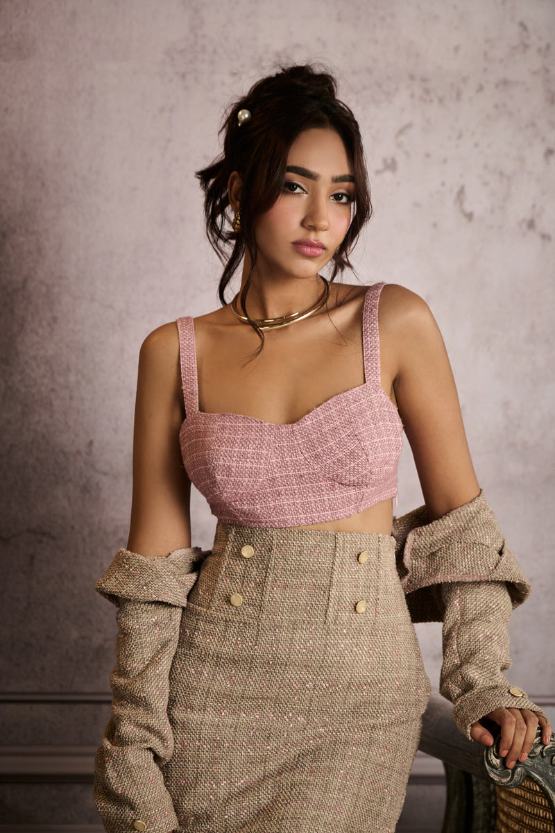 Soraya Mocha Tweed Crop Blazer and Pink Tweed Bralette