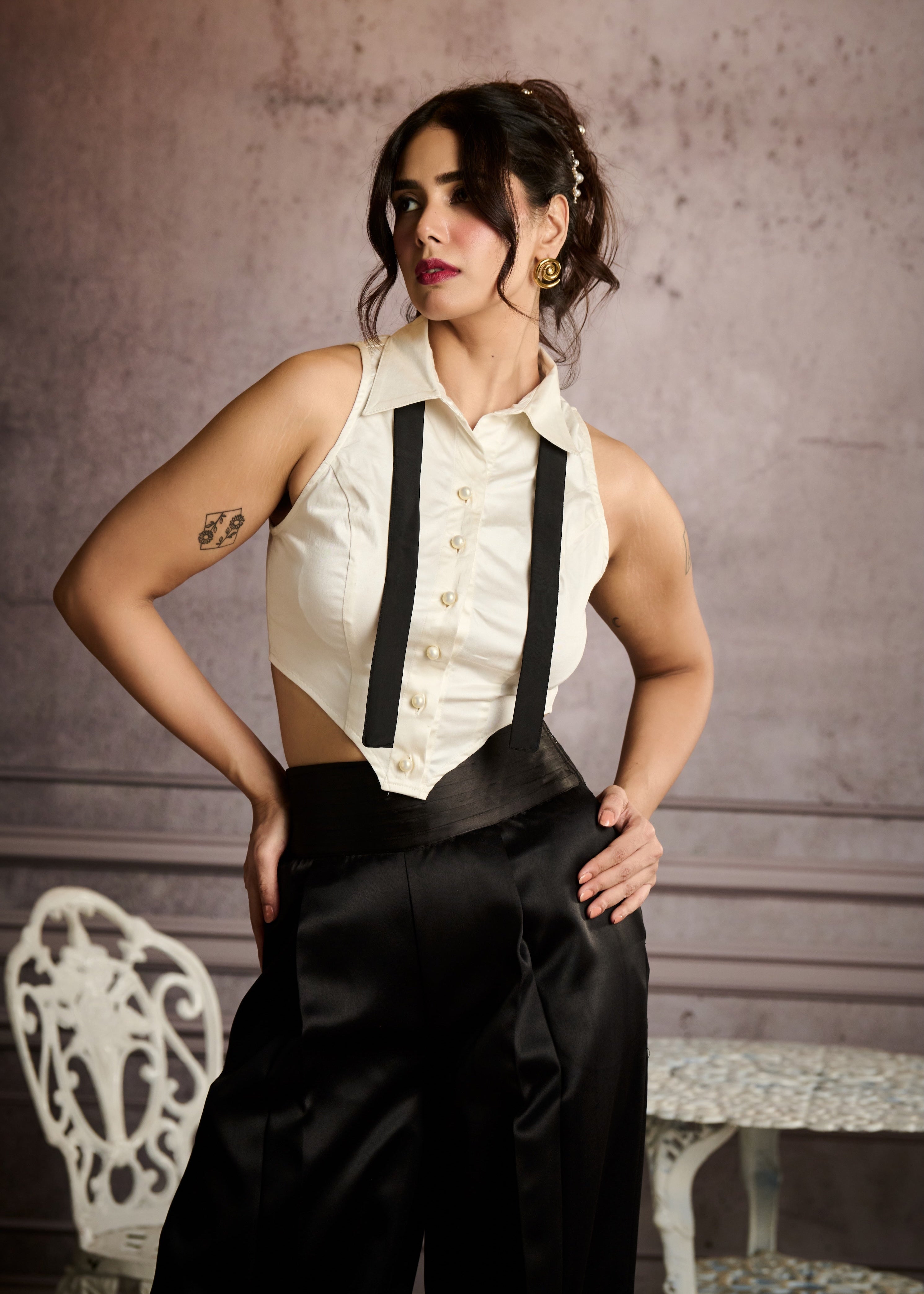 Maddie White Tuxedo Shirt with Open-Tie