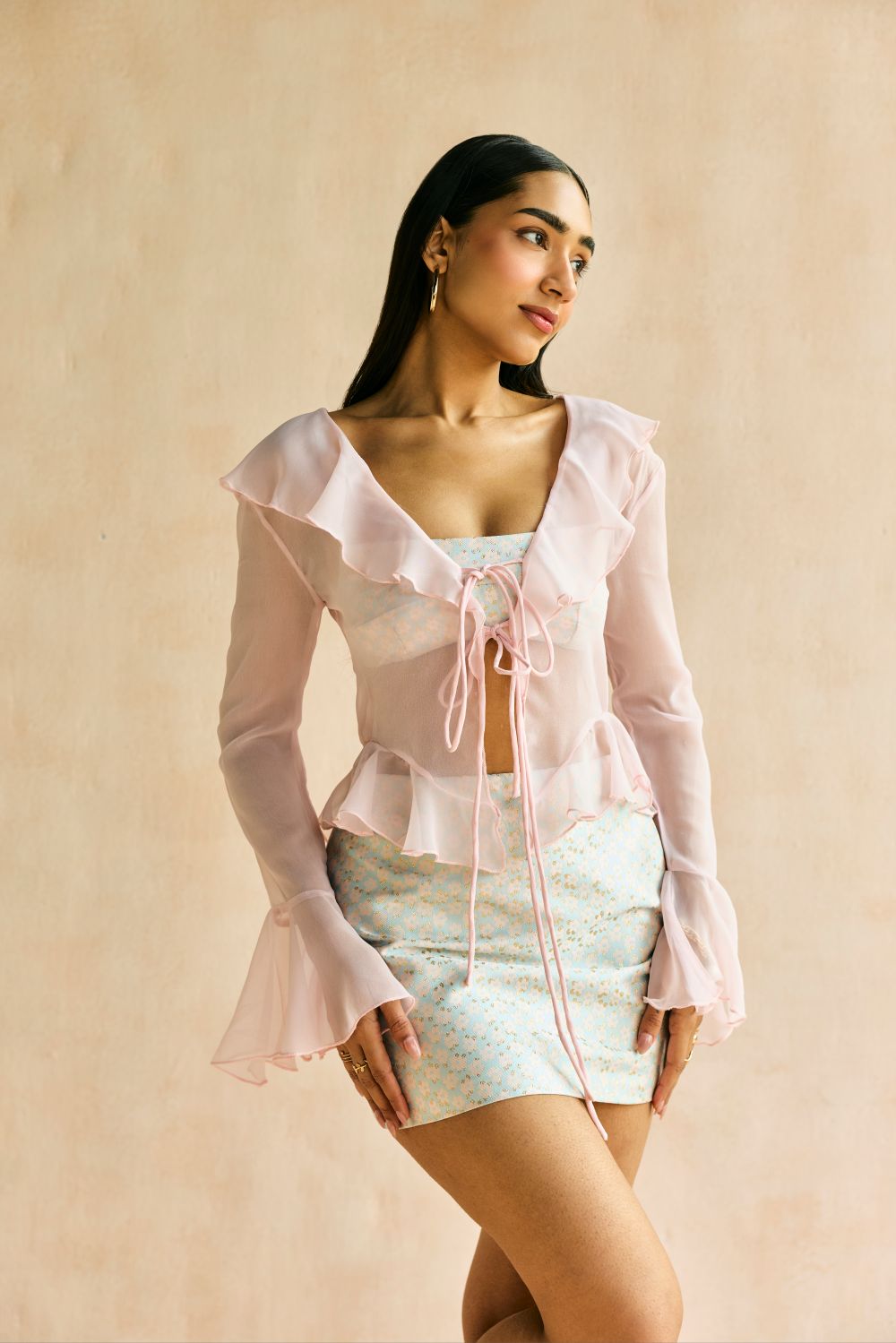 Blush Ruffle Georgette Tie Top