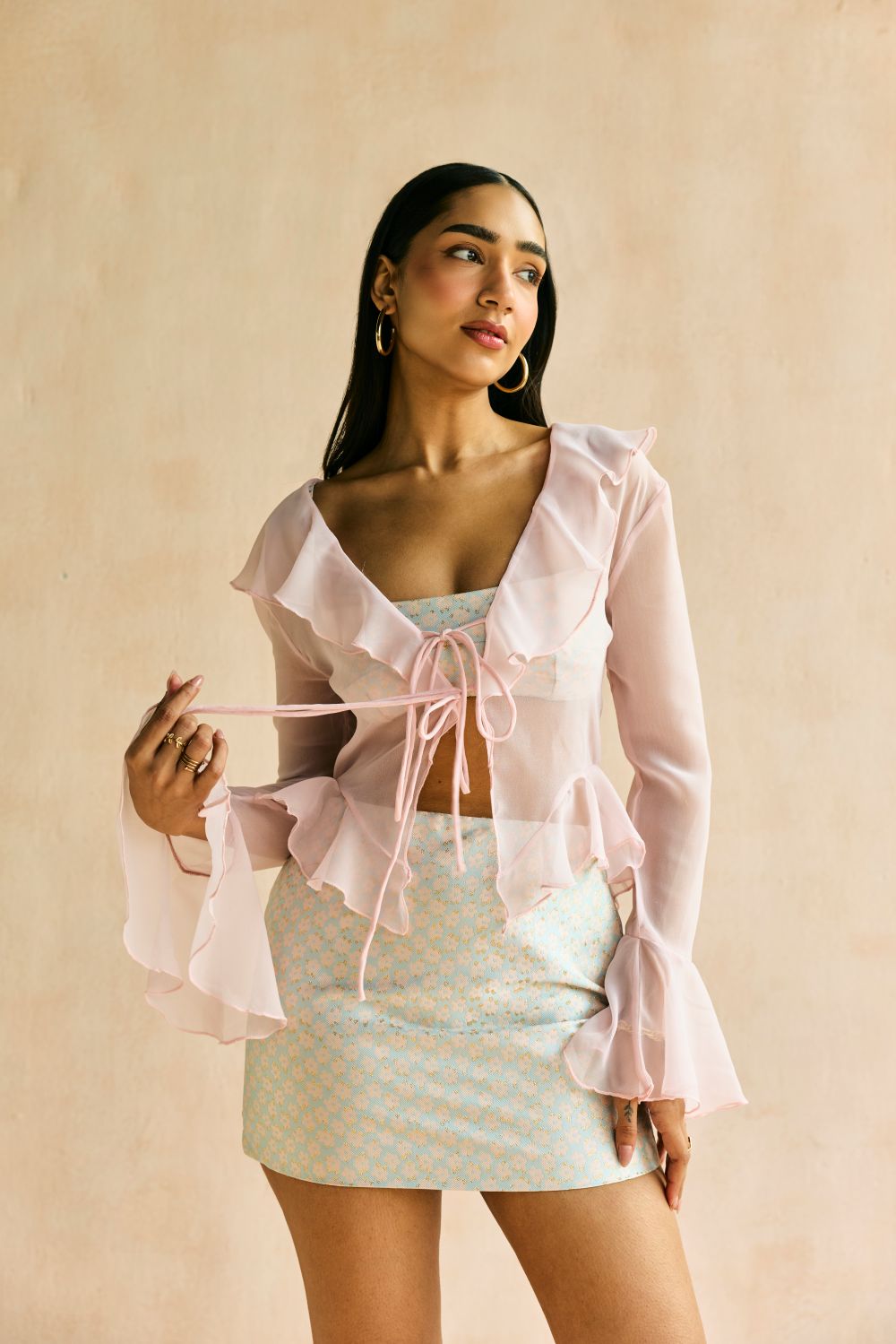 Blush Ruffle Georgette Tie Top