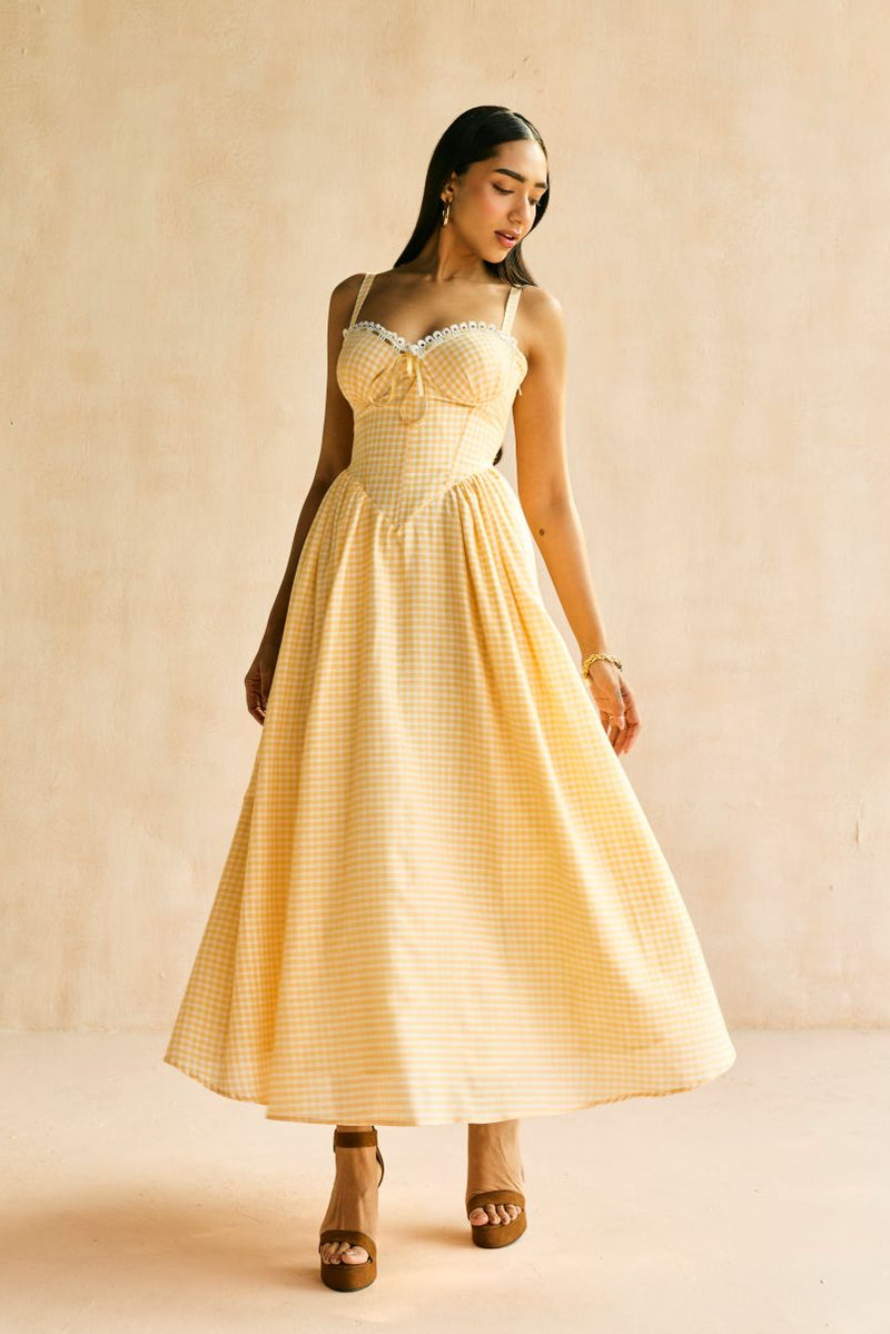 Alaya Butter Yellow Gingham Midi Corset Dress – Lea Clothing Co