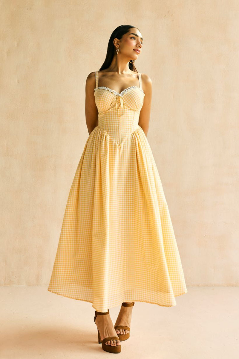yellow midi corset dress Alaya Butter Yellow Gingham Midi Corset Dress – Lea Clothing Co