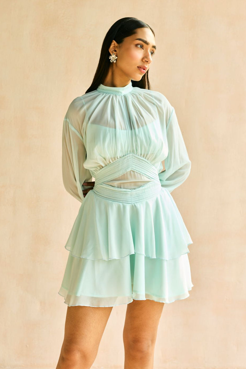 blue tiered mini dress Sky Blue Floral Eyelet Puff Sleeve Tiered Mini Dress