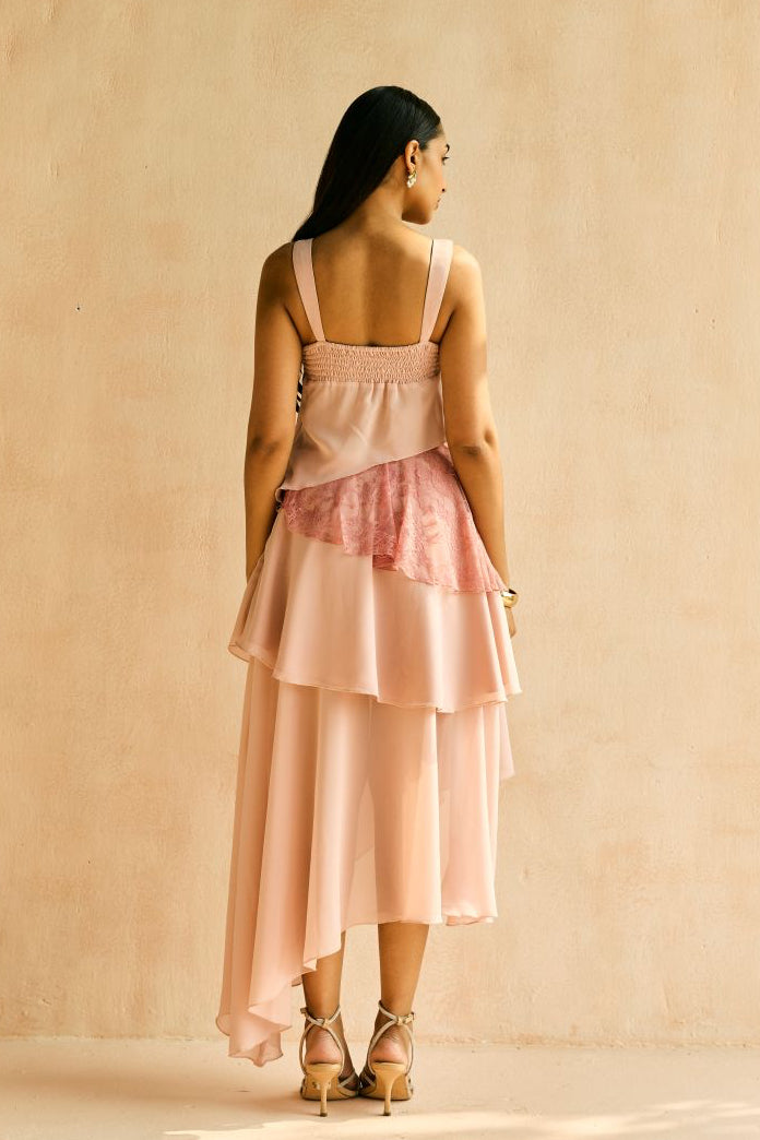 Blush Lace-Trim Asymmetric Hem Top