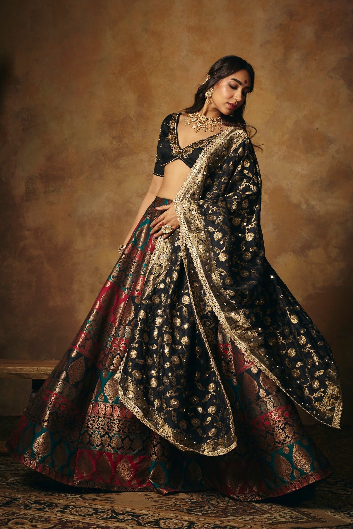 Mrinalini Black Banarasi Brocade Lehenga Set