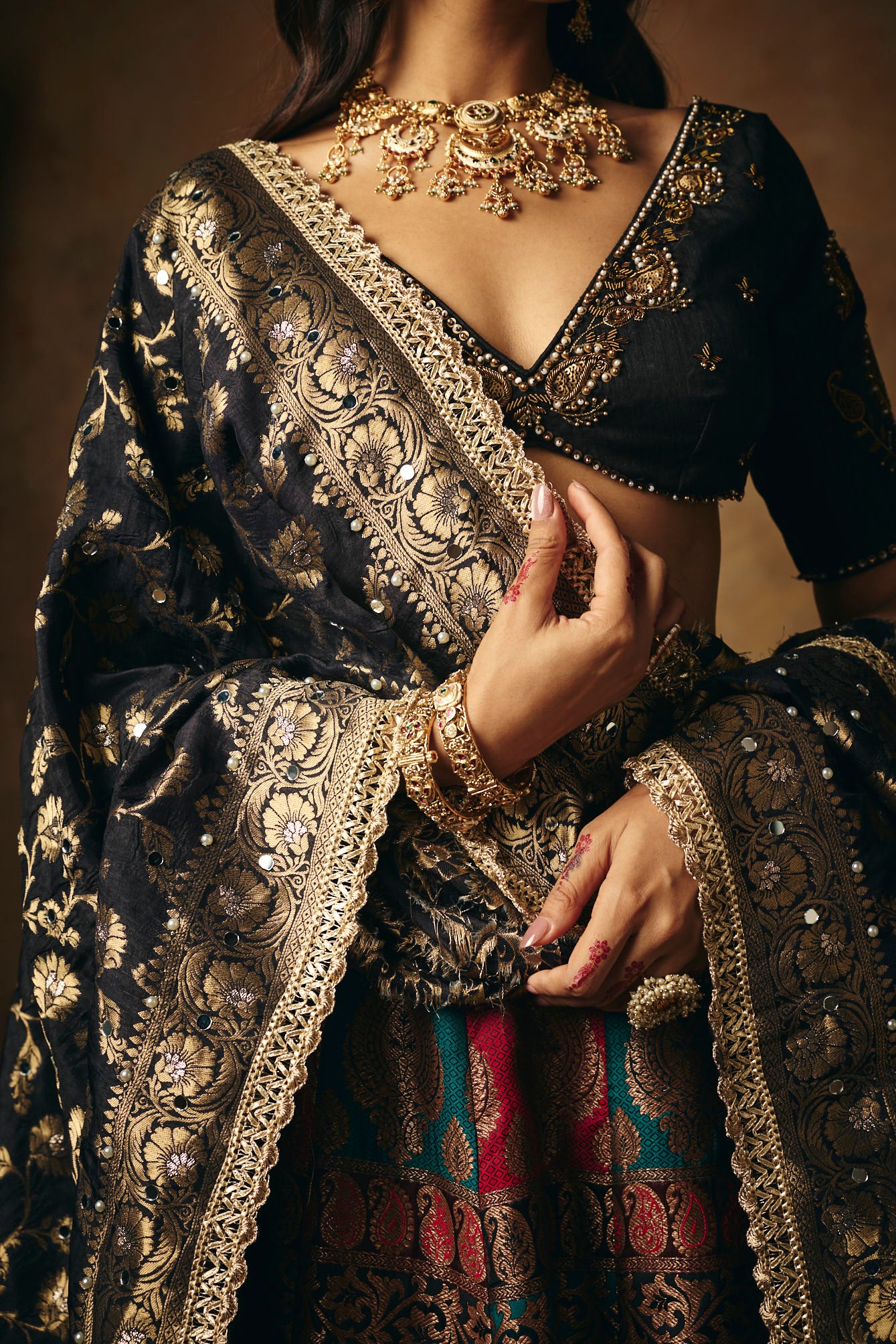 Mrinalini Black Banarasi Brocade Lehenga Set