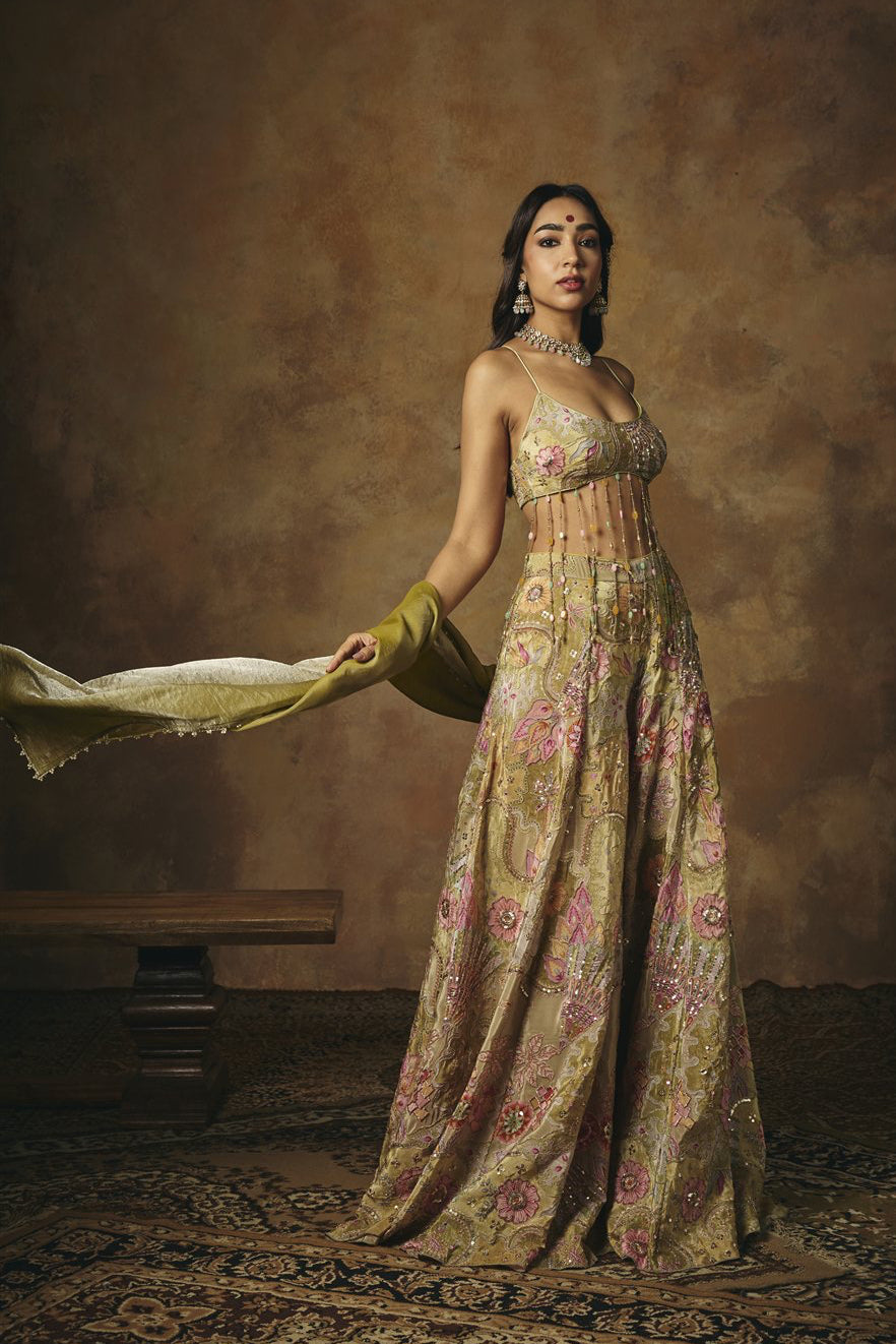 Kalish Green Embroidered Tassel Gharara Set