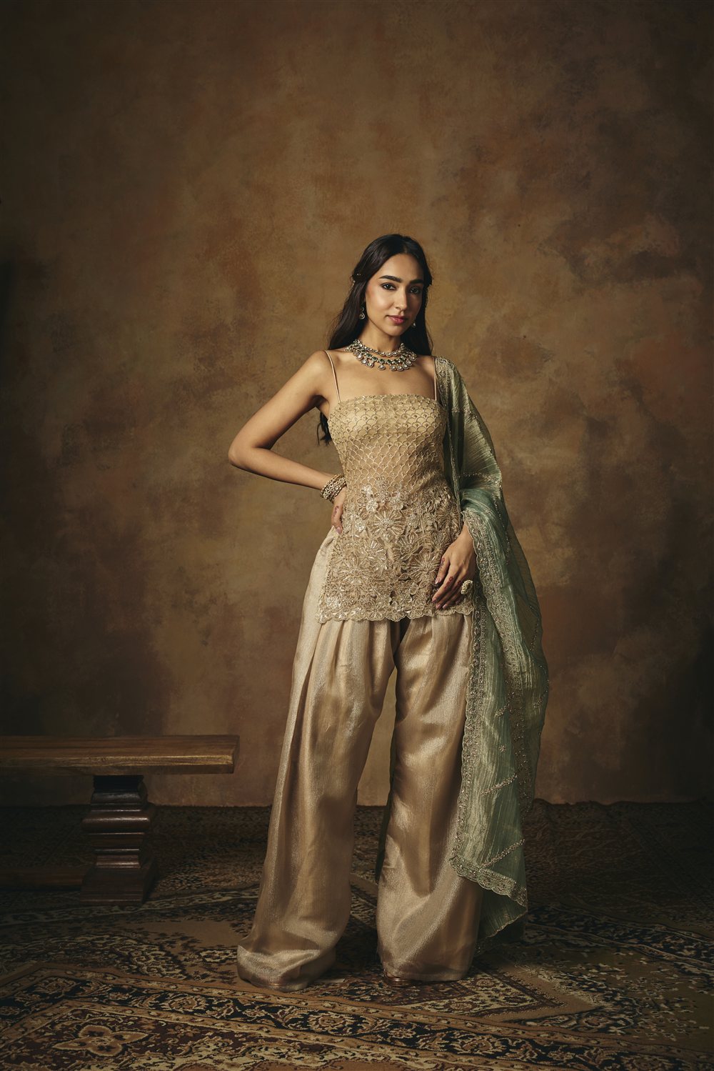 Aarunya Gold 3D Embroidered Farshi Suit Salwar Set