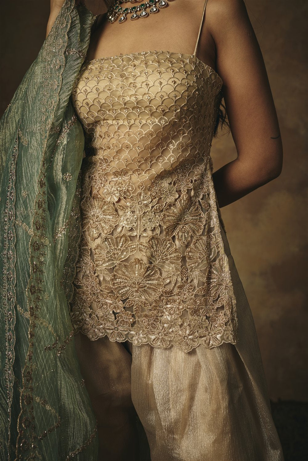 Aarunya Gold 3D Embroidered Farshi Suit Salwar Set