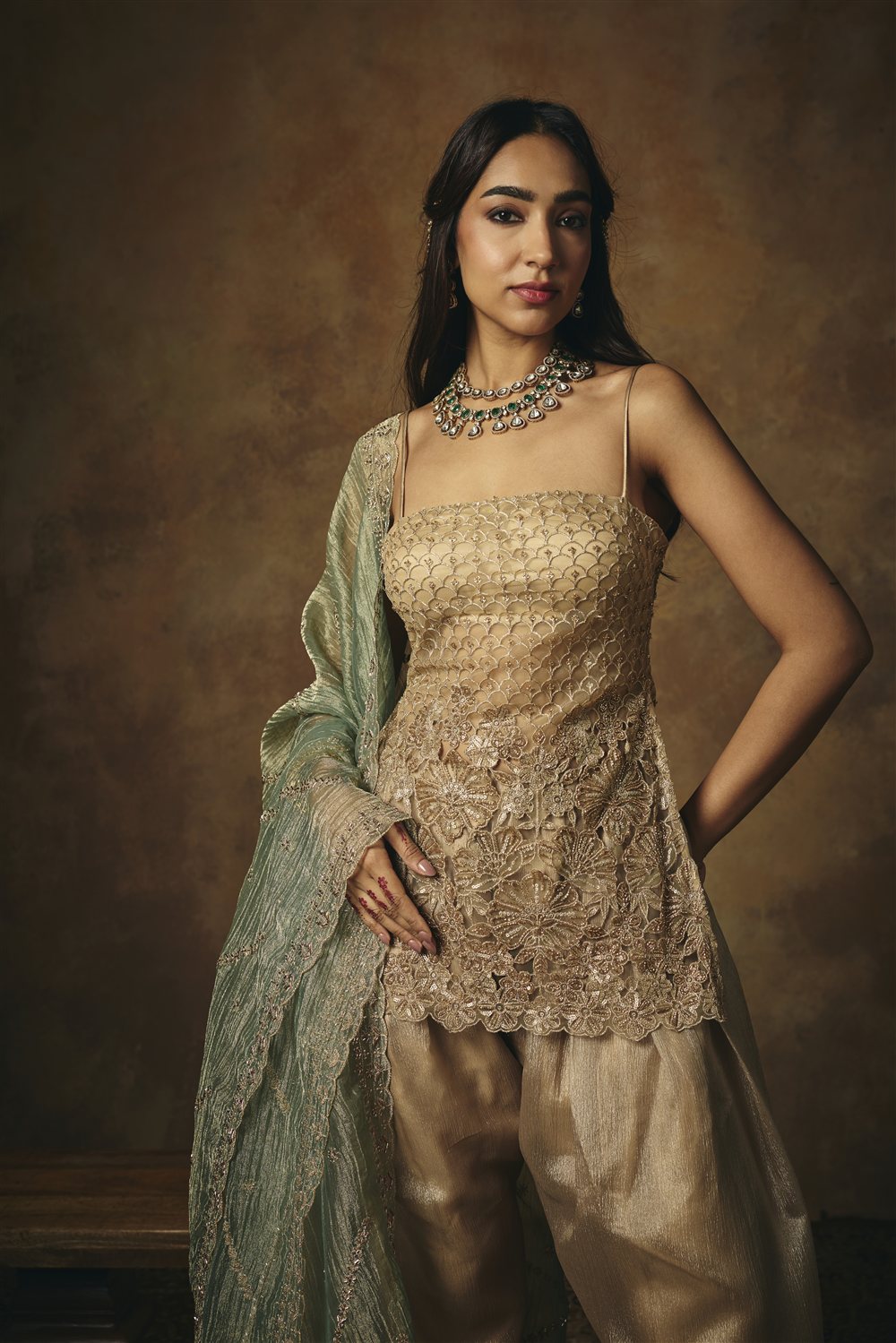 Aarunya Gold 3D Embroidered Farshi Suit Salwar Set