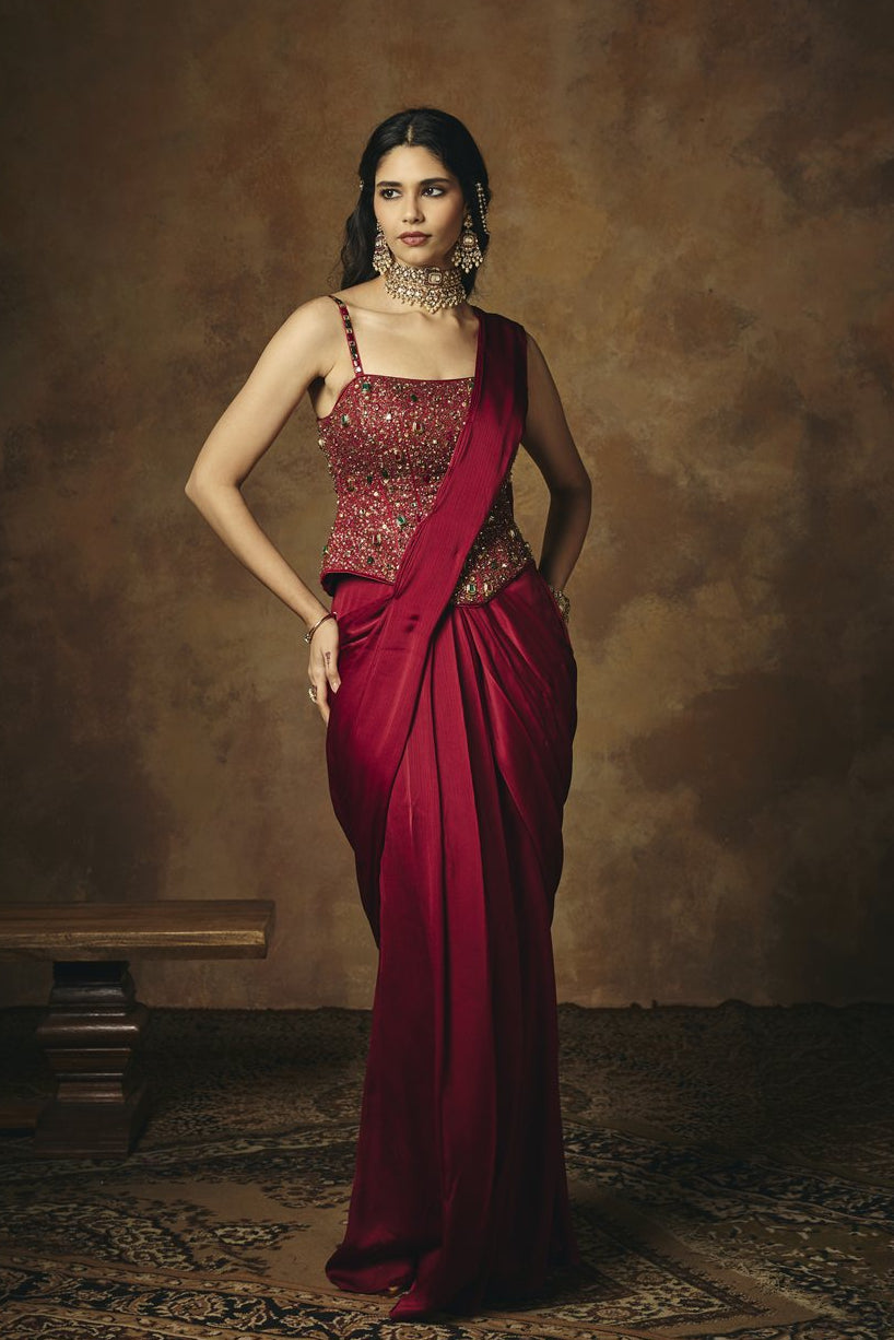 Lohita Burgundy Pre Draped Embroidered Corset Saree Set