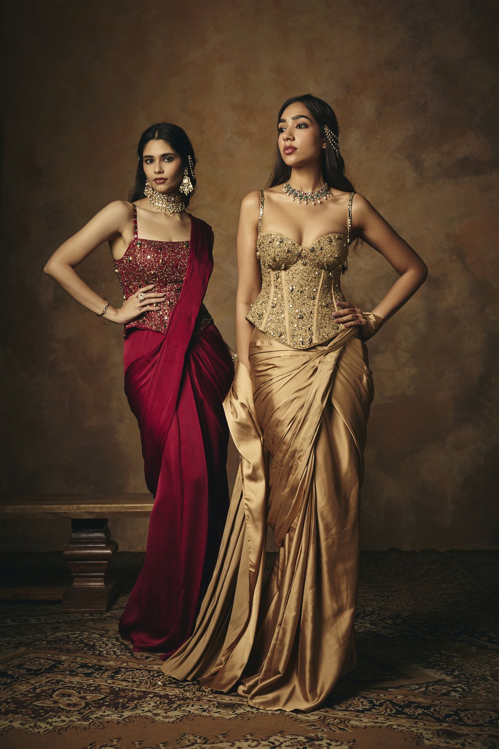 Lohita Burgundy Pre Draped Embroidered Corset Saree Set