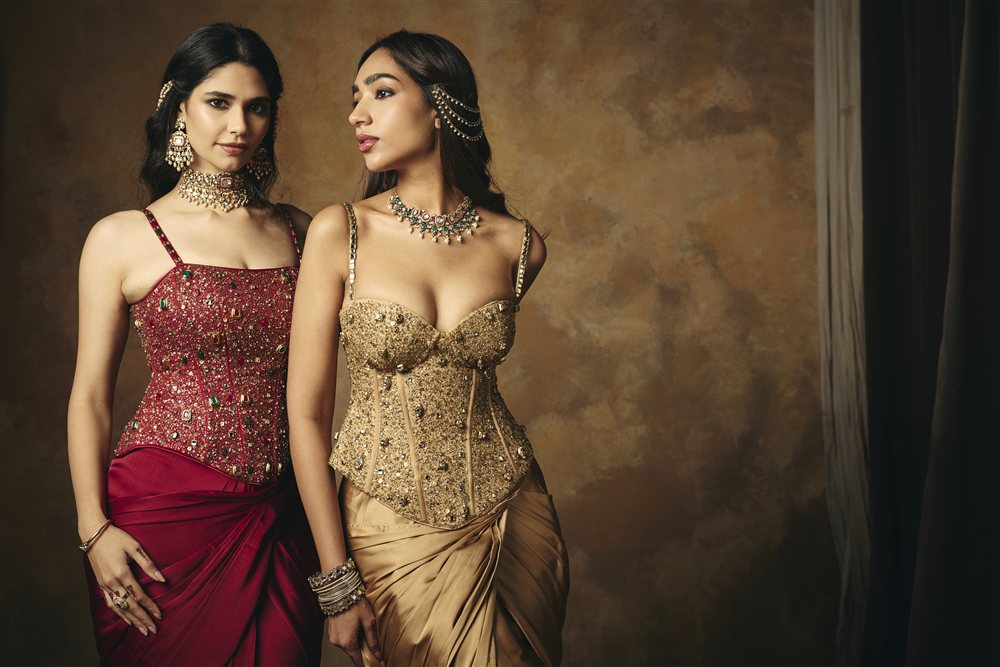 Padmini Golden Hand Embroidered Pre-Draped Corset Saree Set