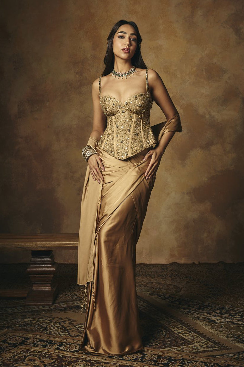 Padmini Golden Hand Embroidered Pre-Draped Corset Saree Set