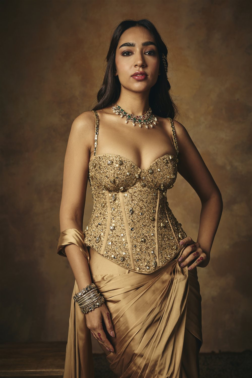 Padmini Golden Hand Embroidered Pre-Draped Corset Saree Set