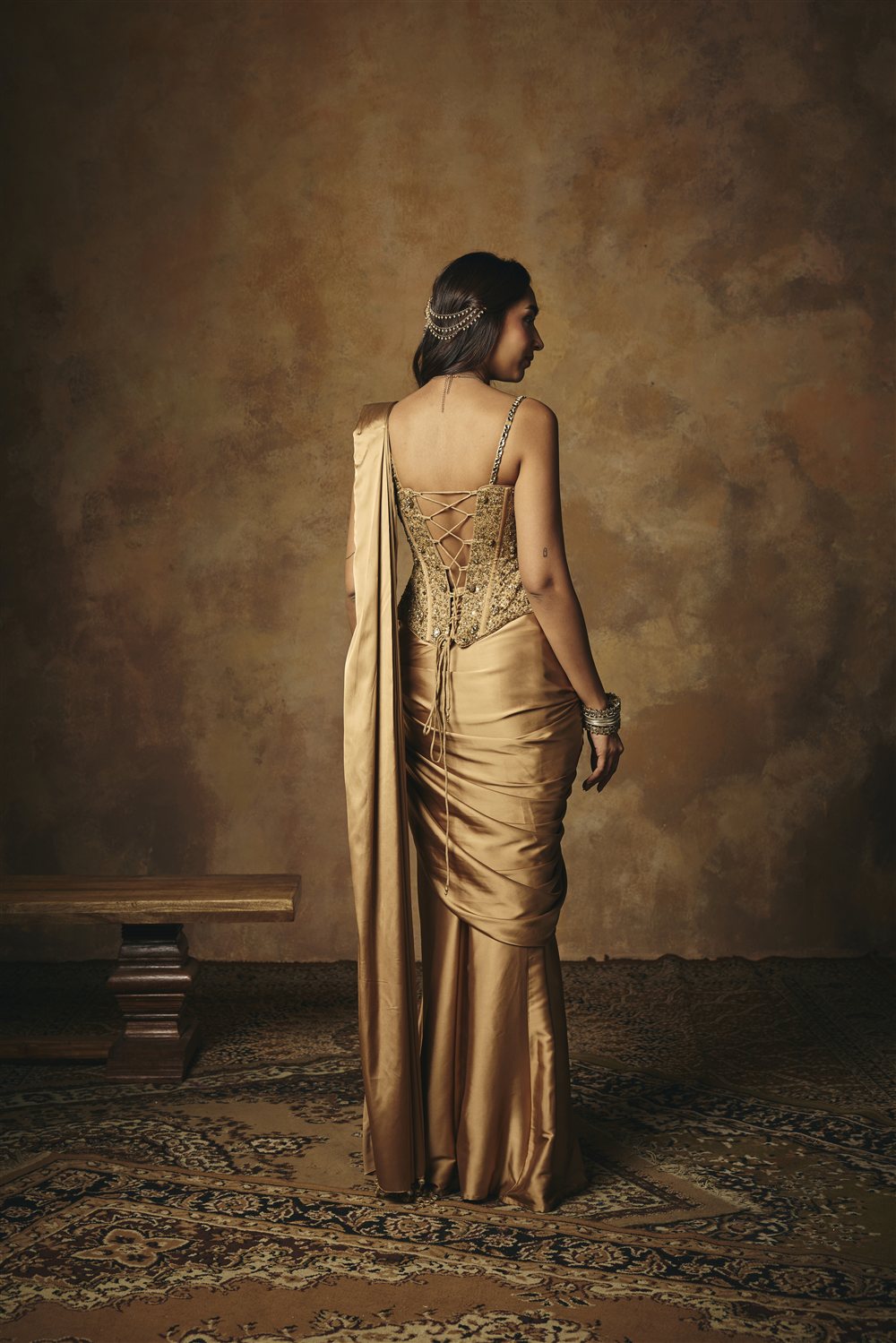 Padmini Golden Hand Embroidered Pre-Draped Corset Saree Set