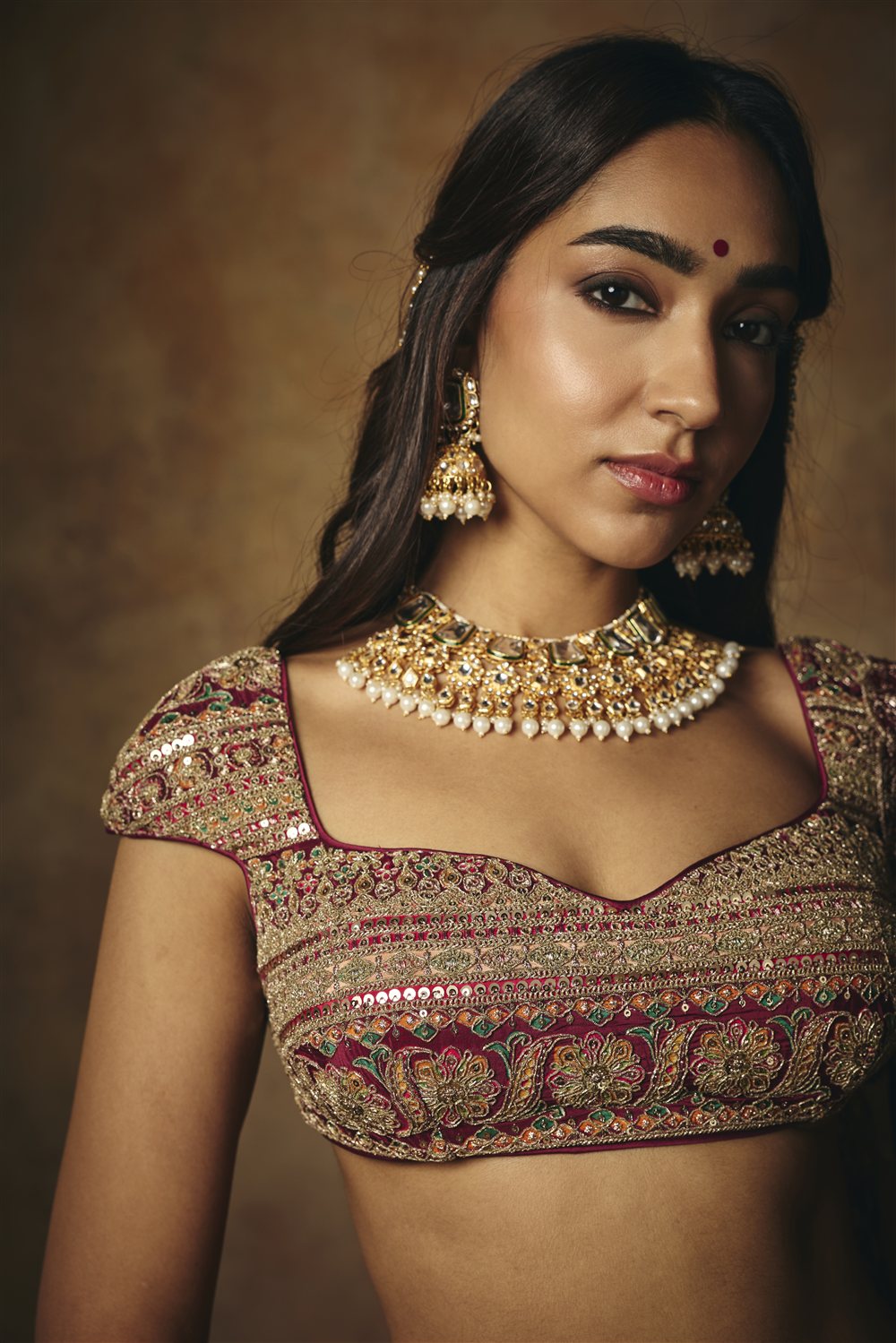 Amaira Mustard and Burgundy Banarasi Tissue Lehenga Set