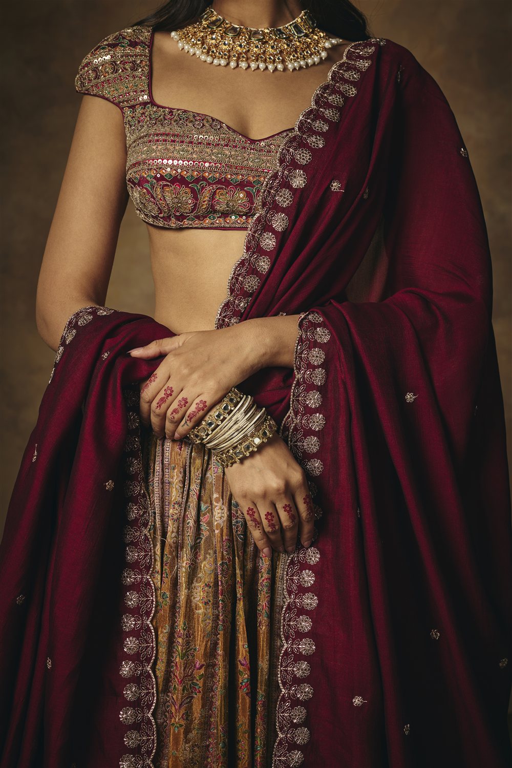 Amaira Mustard and Burgundy Banarasi Tissue Lehenga Set