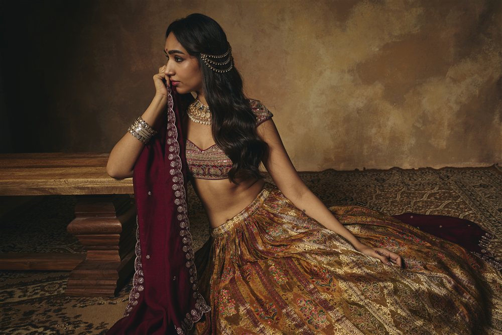 Amaira Mustard and Burgundy Banarasi Tissue Lehenga Set