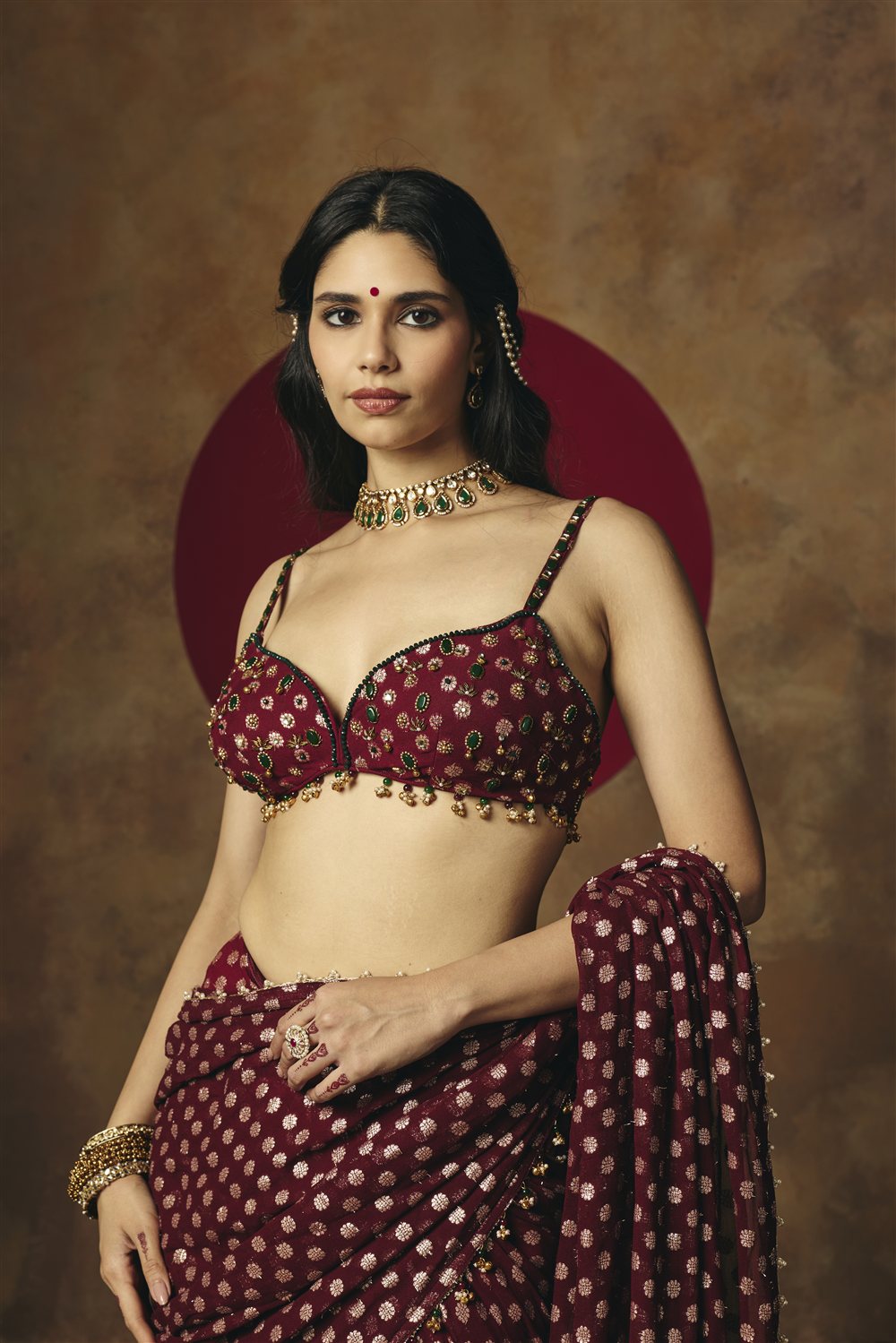Revya Burgundy Banarasi Pre-Draped Embroidered Saree Set