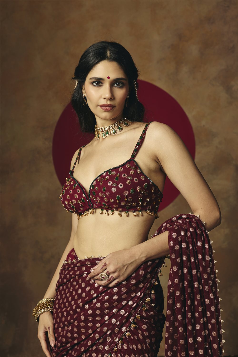 Revya Burgundy Banarasi Pre-Draped Embroidered Saree Set