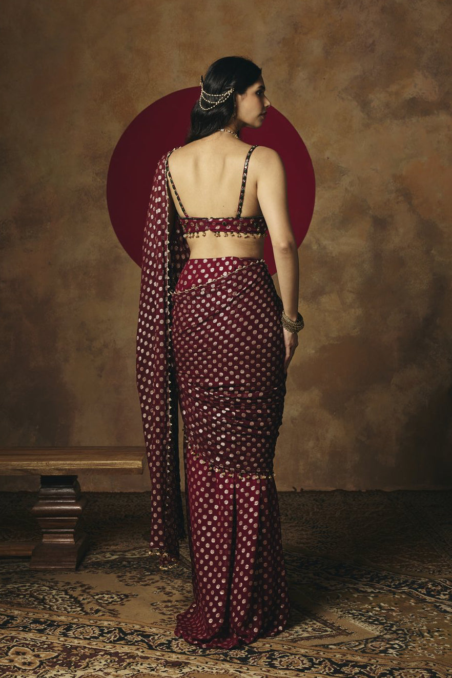 Revya Burgundy Banarasi Pre-Draped Embroidered Saree Set