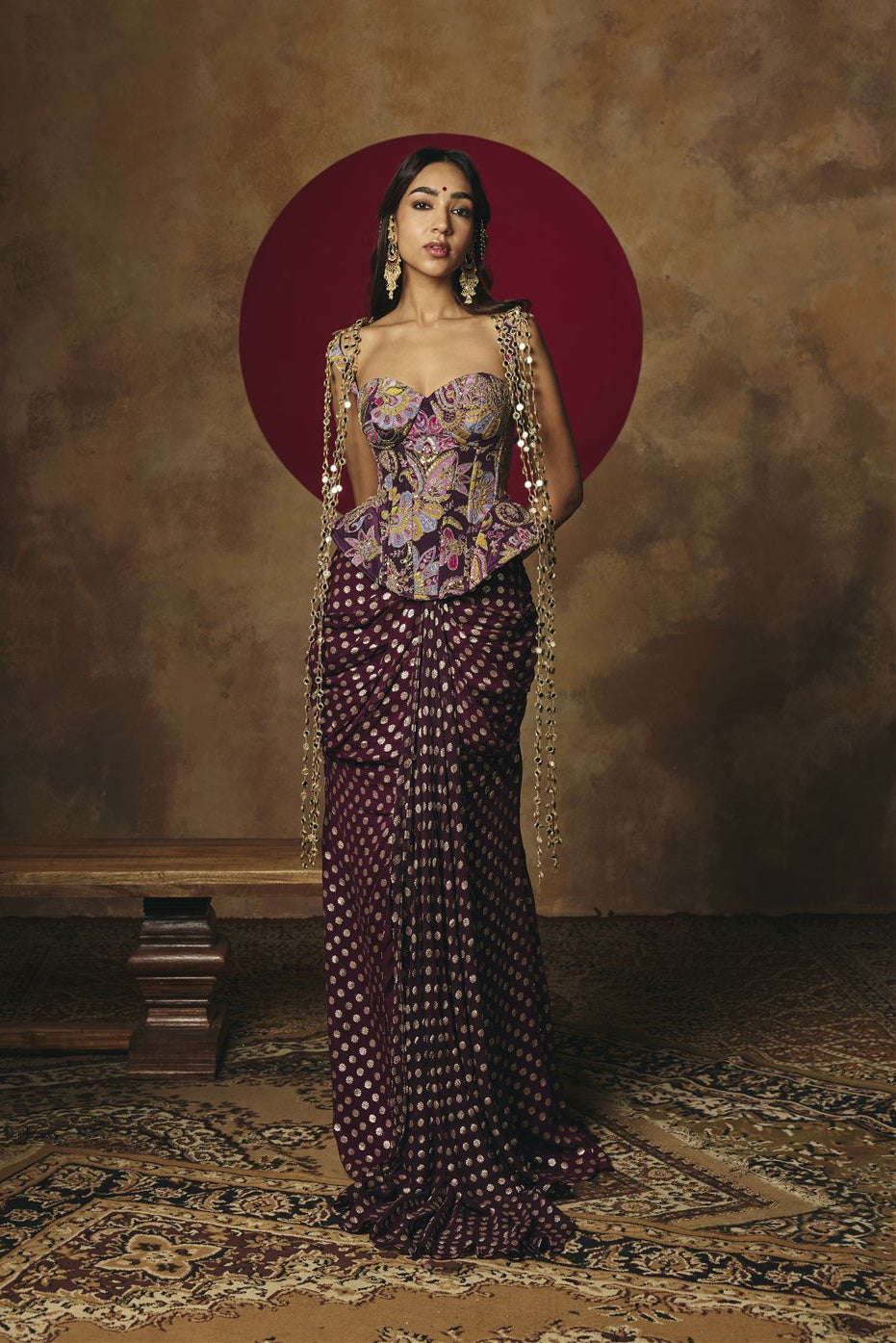 Poorva Purple Embroidered Corset Top & Draped Skirt Set