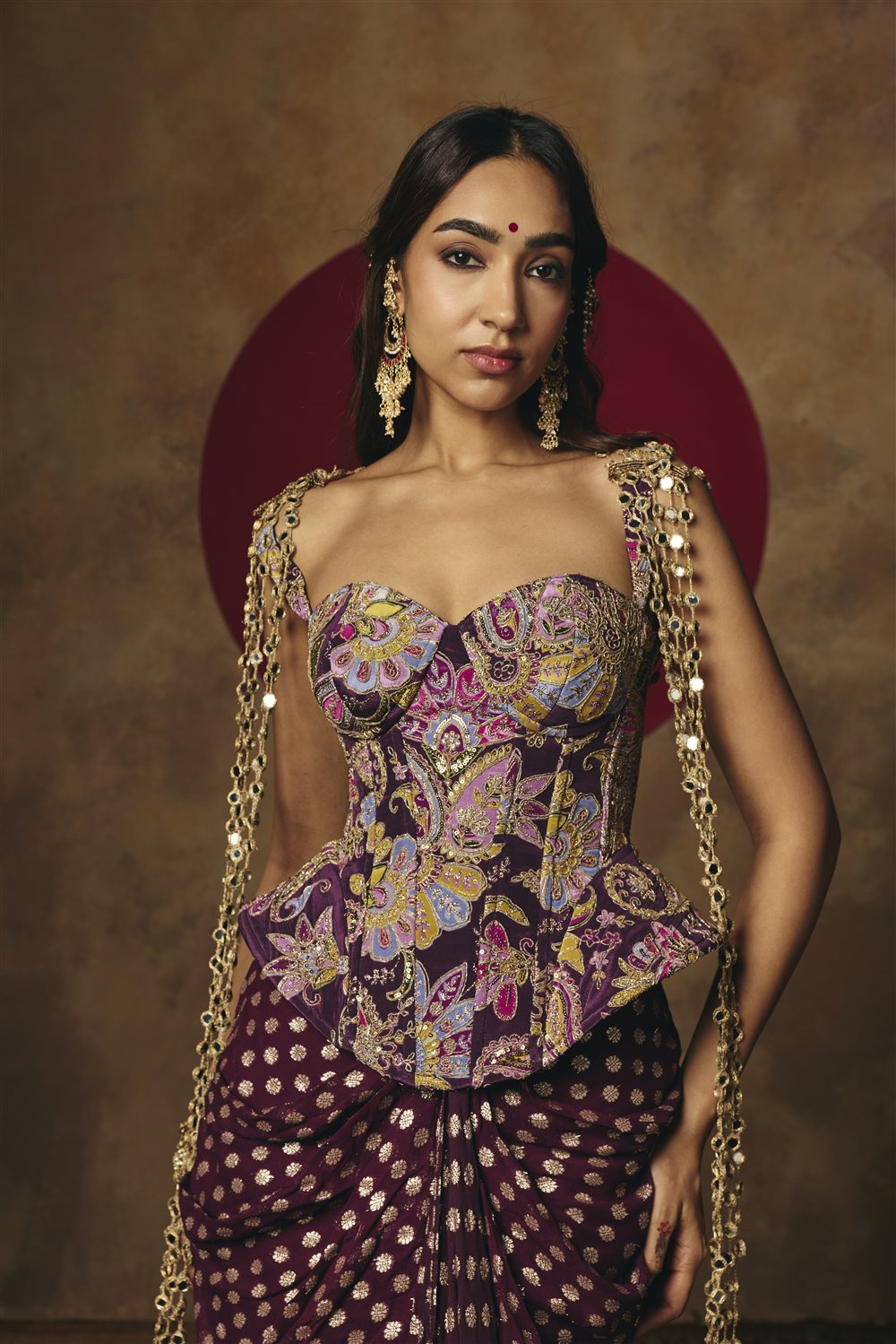 Poorva Purple Embroidered Corset Top & Draped Skirt Set