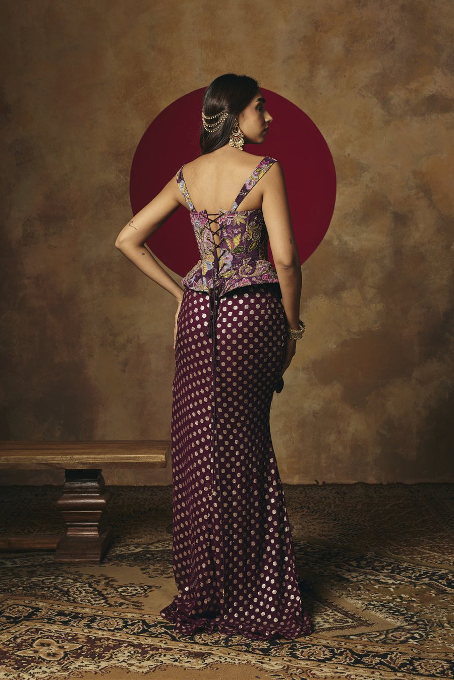 Poorva Purple Embroidered Corset Top & Draped Skirt Set