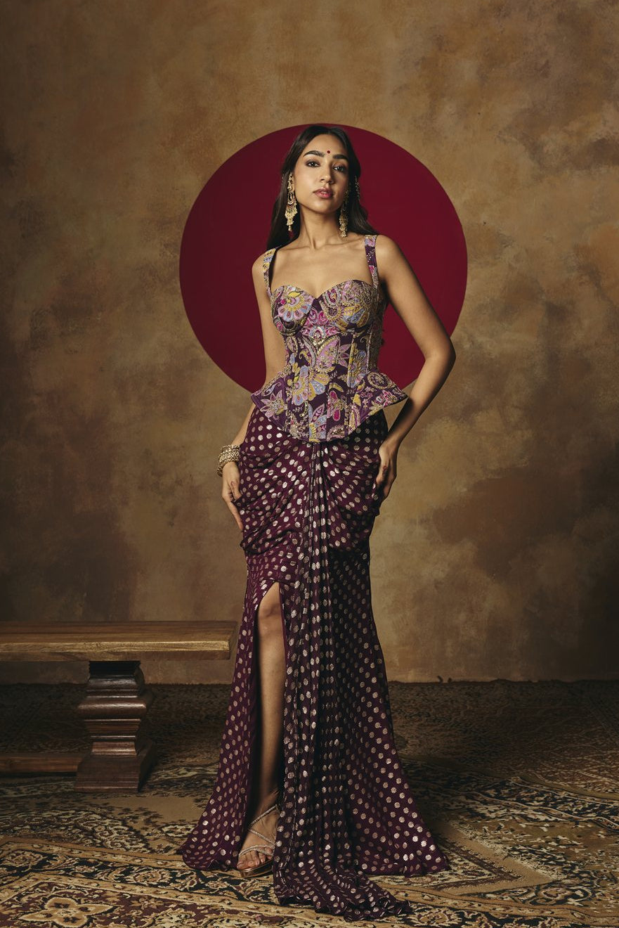 Poorva Purple Embroidered Corset Top & Draped Skirt Set