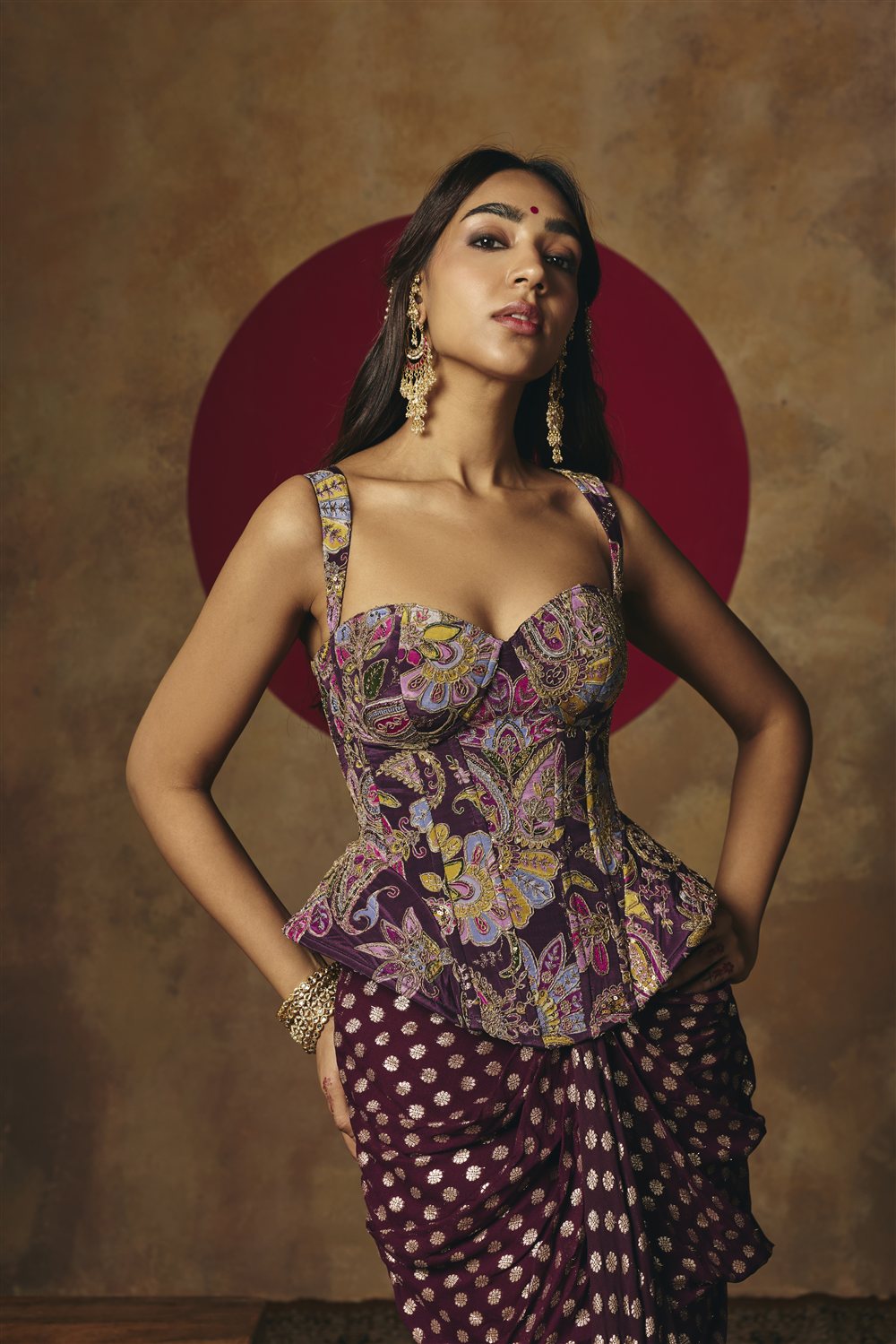 Poorva Purple Embroidered Corset Top & Draped Skirt Set