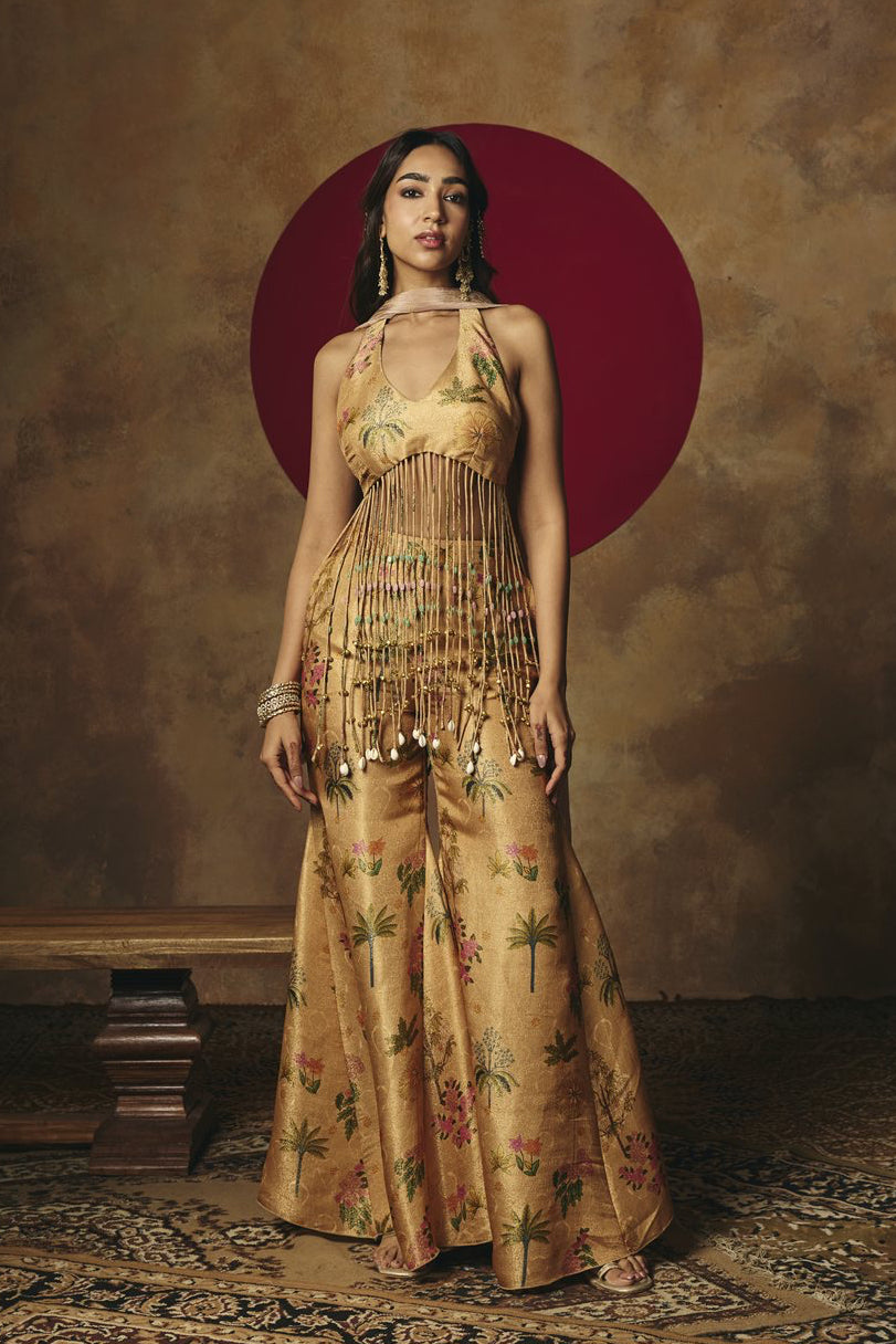 Mira Yellow Embroidered Tissue Tassel Sharara Set
