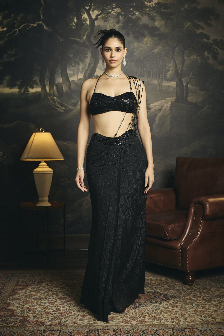 Nyra Black Embroidered Tassel Pre-Draped Saree Set