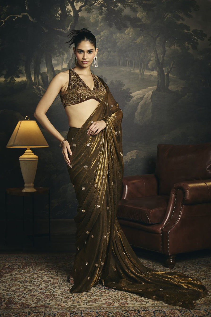 Kumud Olive Hand Embroidered Pre-Draped Saree Set
